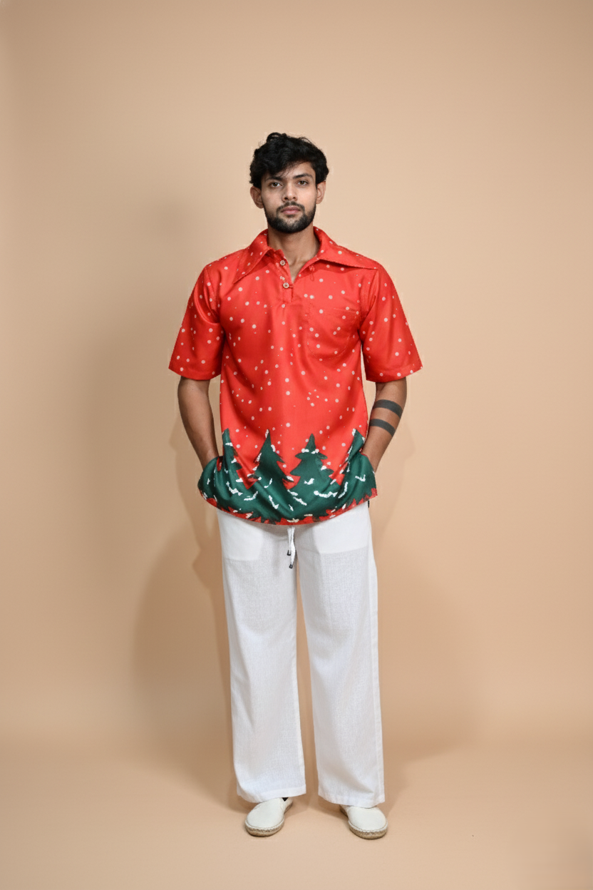 Red Tree Line Kurta For Men