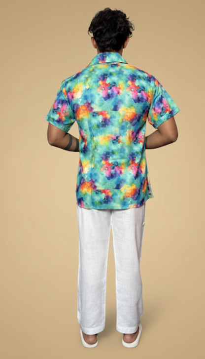 Men Short Sleeve Shirt-Collar Abstract Print Kurta