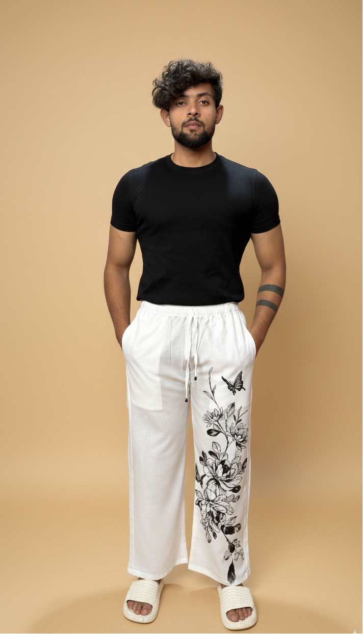 Men White Floral Butterfly Print Pajama