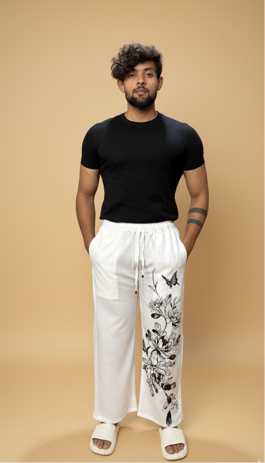 Men White Floral Butterfly Print Pajama