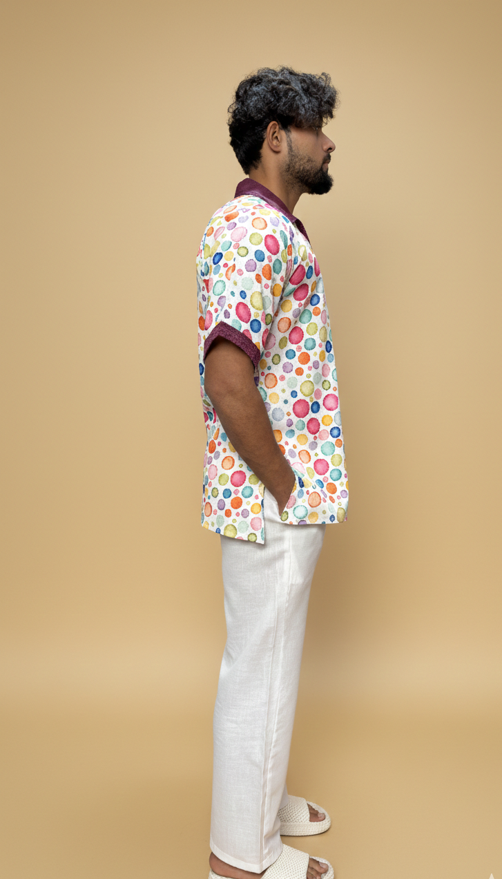 Men Contrast Collar Polka Dot Print Kurta