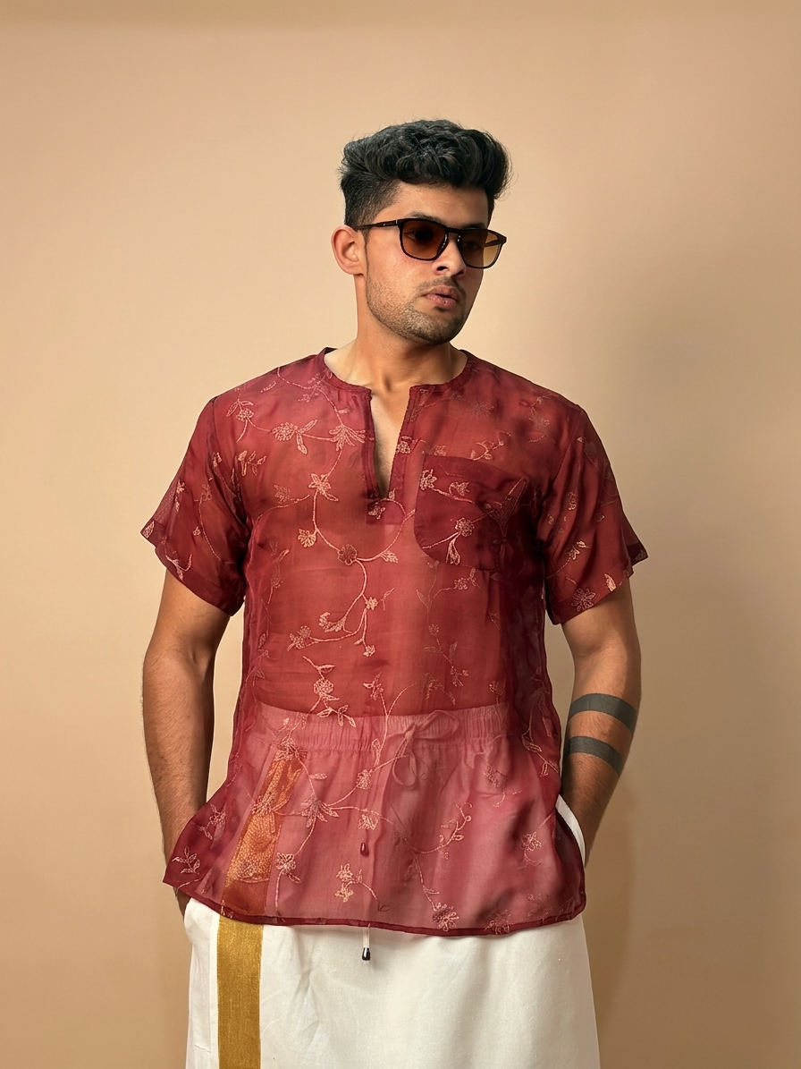 Men Silk Marron Colour Kurta.