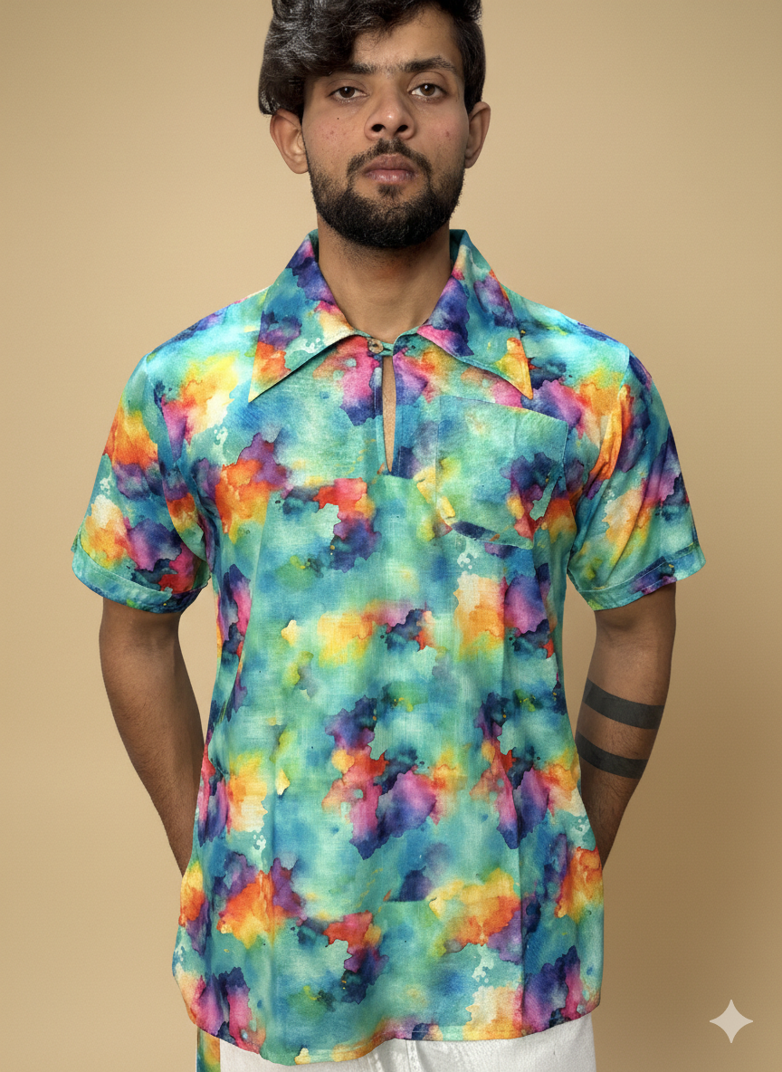 Men Short Sleeve Shirt-Collar Abstract Print Kurta