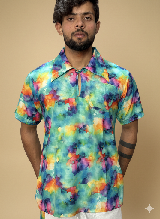 Men Short Sleeve Shirt-Collar Abstract Print Kurta