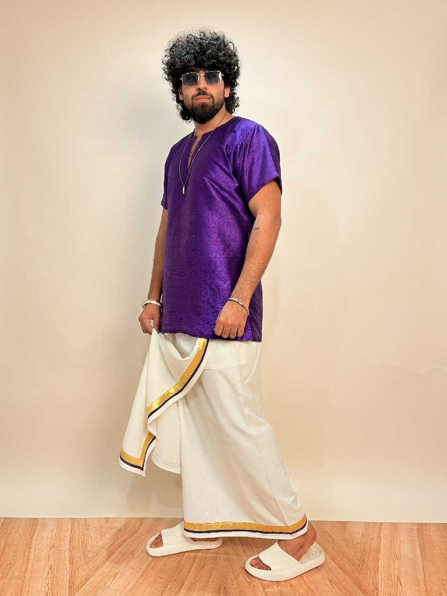 Men White Color With Golden Zari & Purple Stripe Pajamalungi