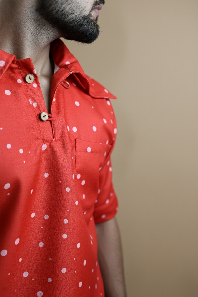 Red Tree Line Kurta For Men