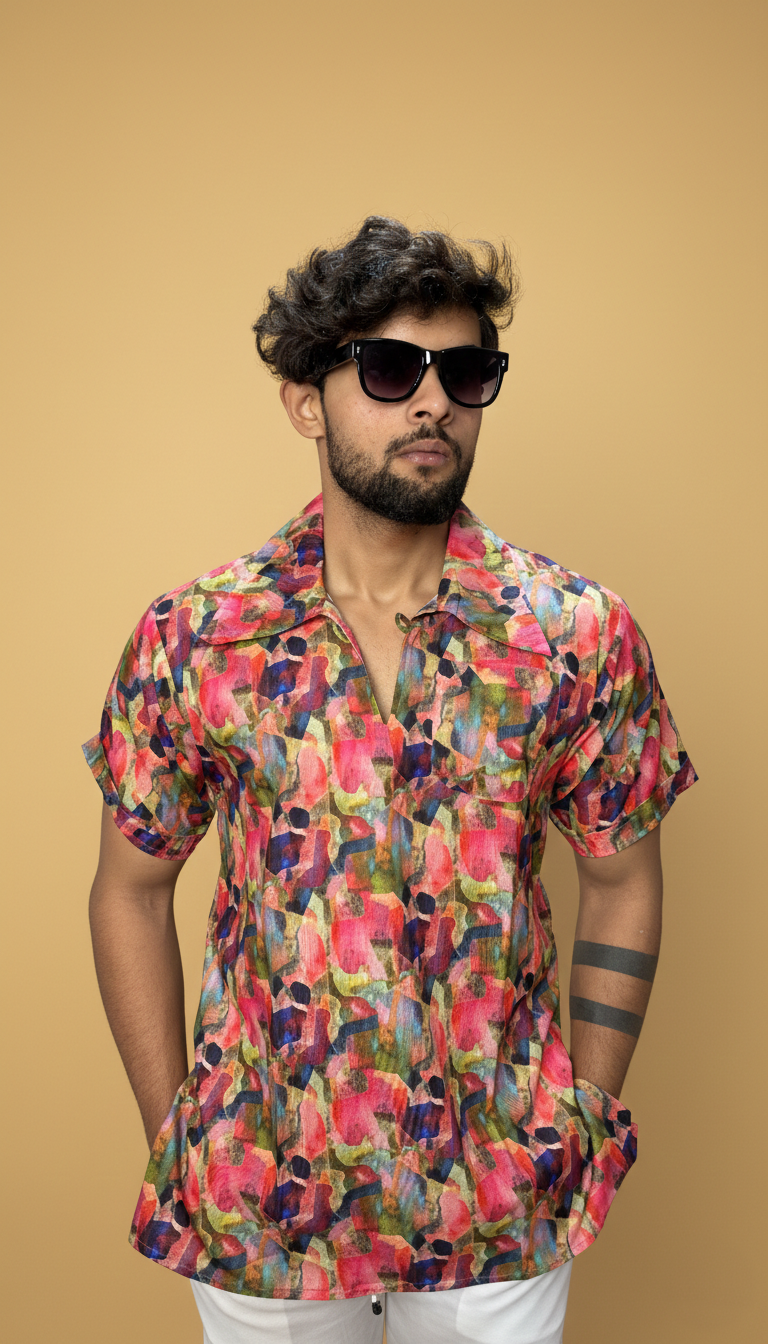 Men Collar Abstract Brushstroke Kurta