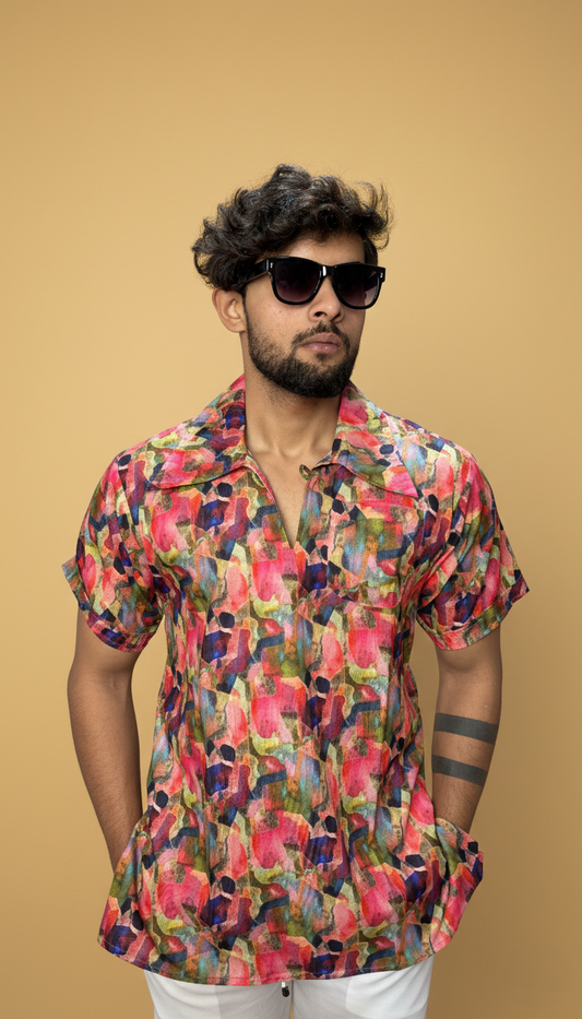 Men Collar Abstract Brushstroke Kurta