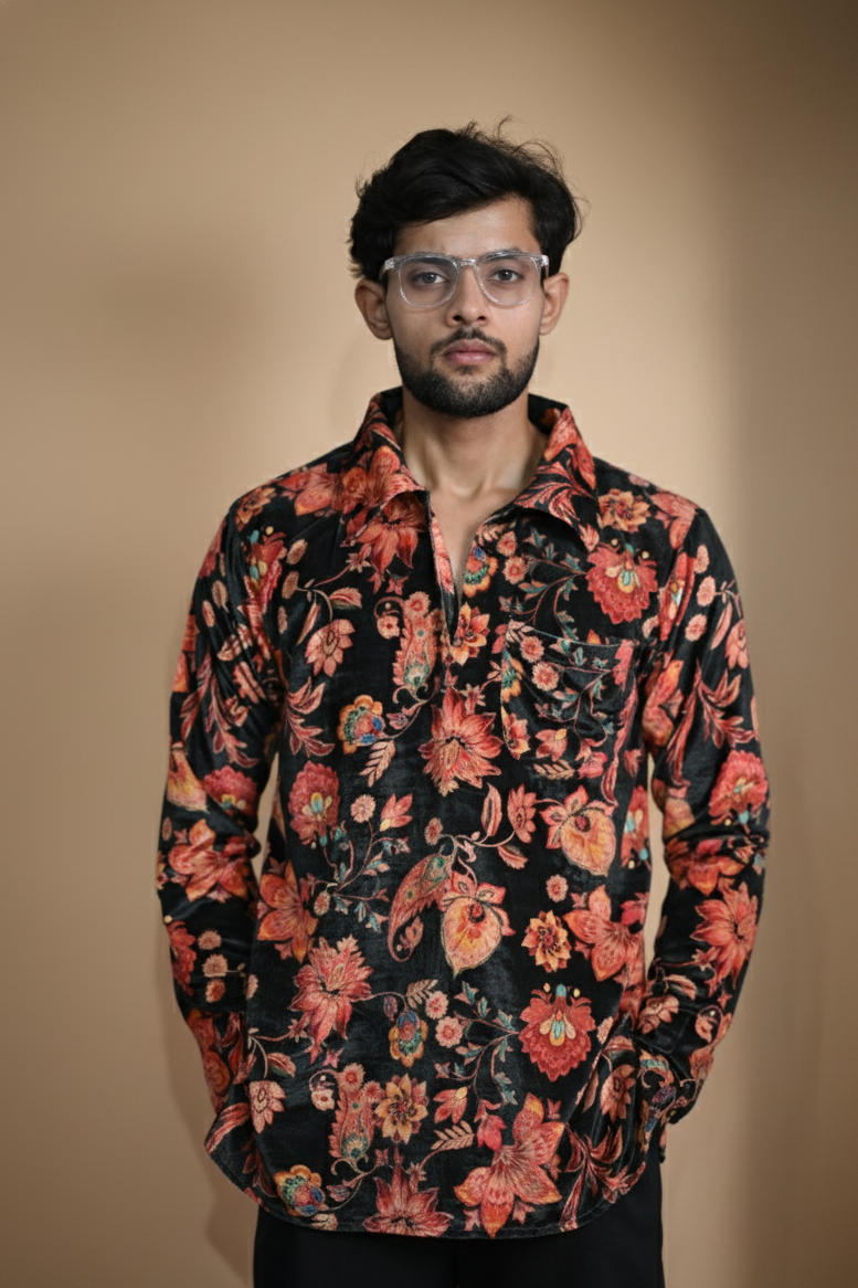 Digital Print Multicolor Velvet Kurta For Men