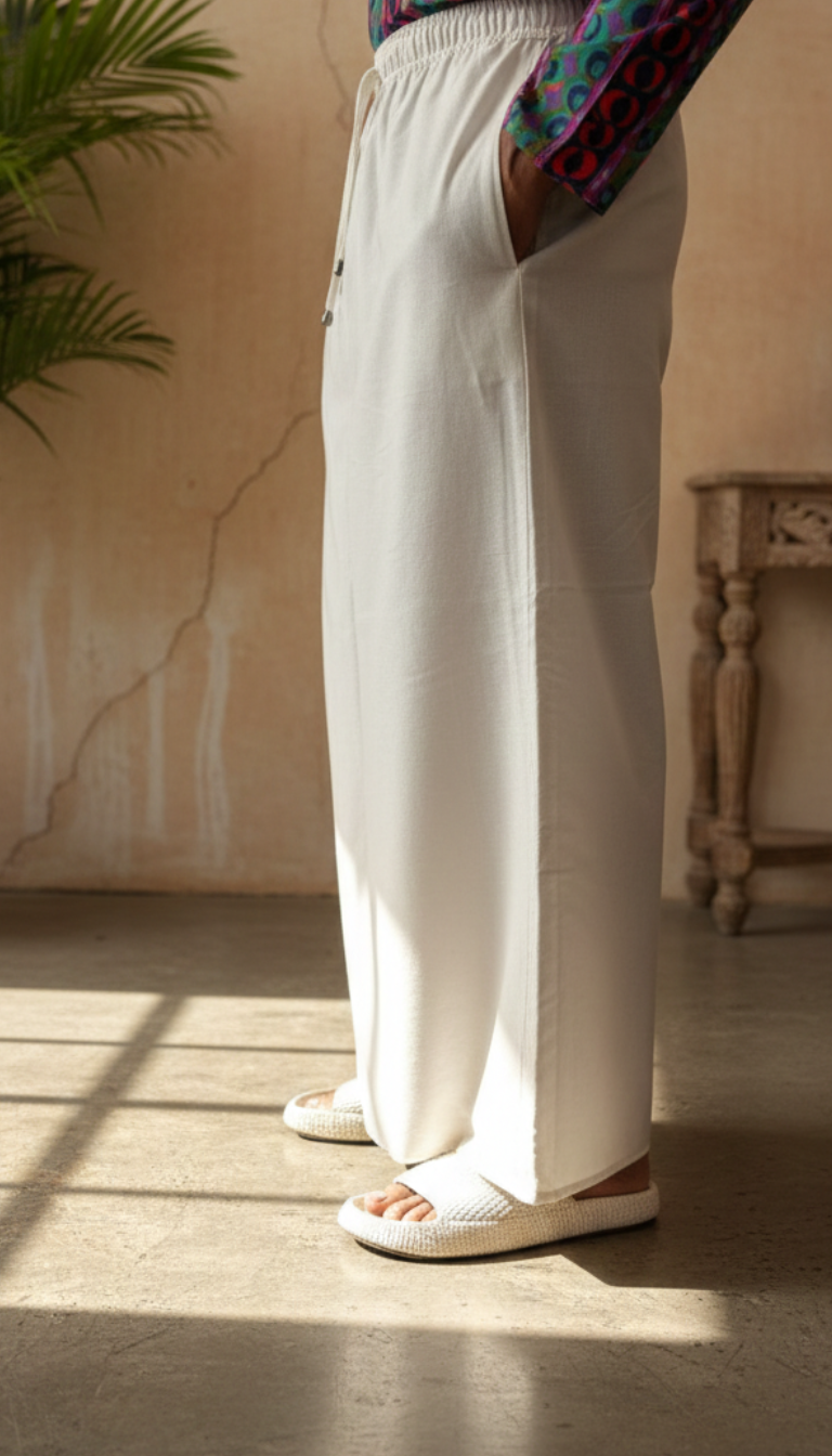 Men's White Cotton Pajamalungi with Vertical Printed Stripe