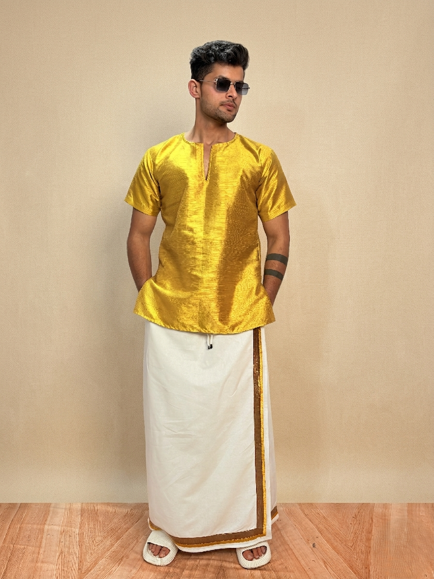 Men White Color With Copper Zari & Mustard Yellow Stripe Pajamalungi