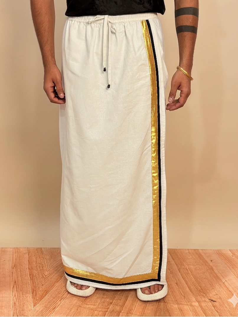Men White Color With Golden Zari & Black Stripe Pajamalungi