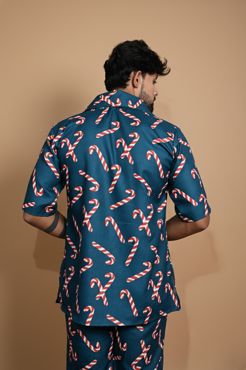 Dark Teal Candy Cane Digital Print Pajama For Men