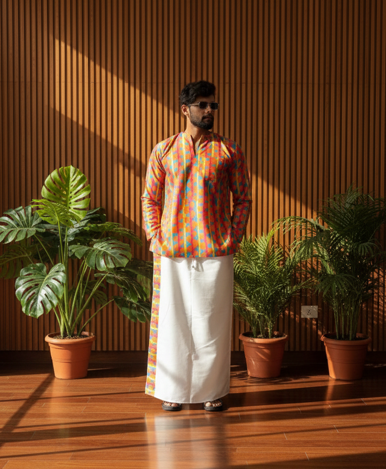 Men Retro Geometric Print Band Collar Kurta