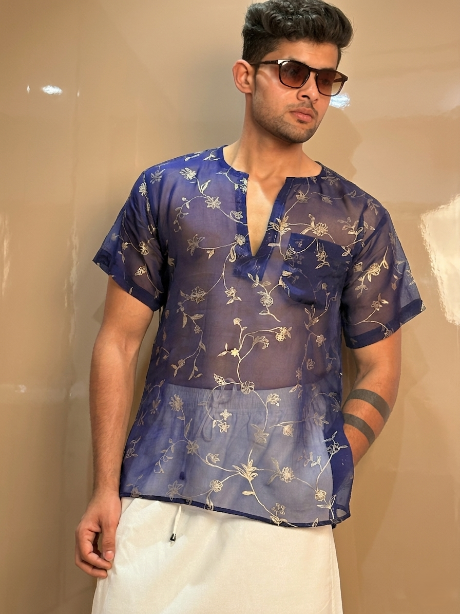 Men Silk Navy Blue Colour Kurta.