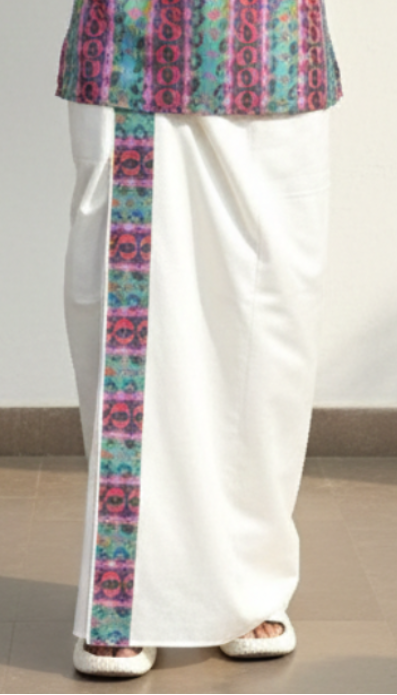 Men's White Cotton Pajamalungi with Vertical Printed Stripe