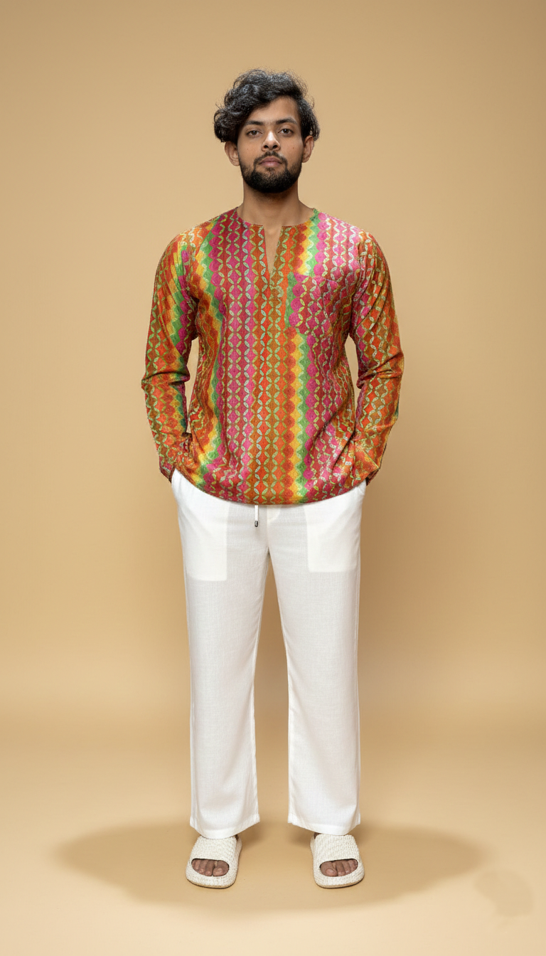 Men Pink–Orange Geometric Print Kurta