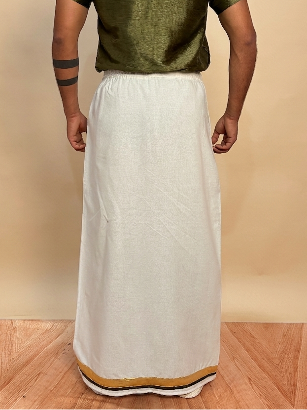 Men White Color With Golden Zari & Green Stripe Pajamalungi