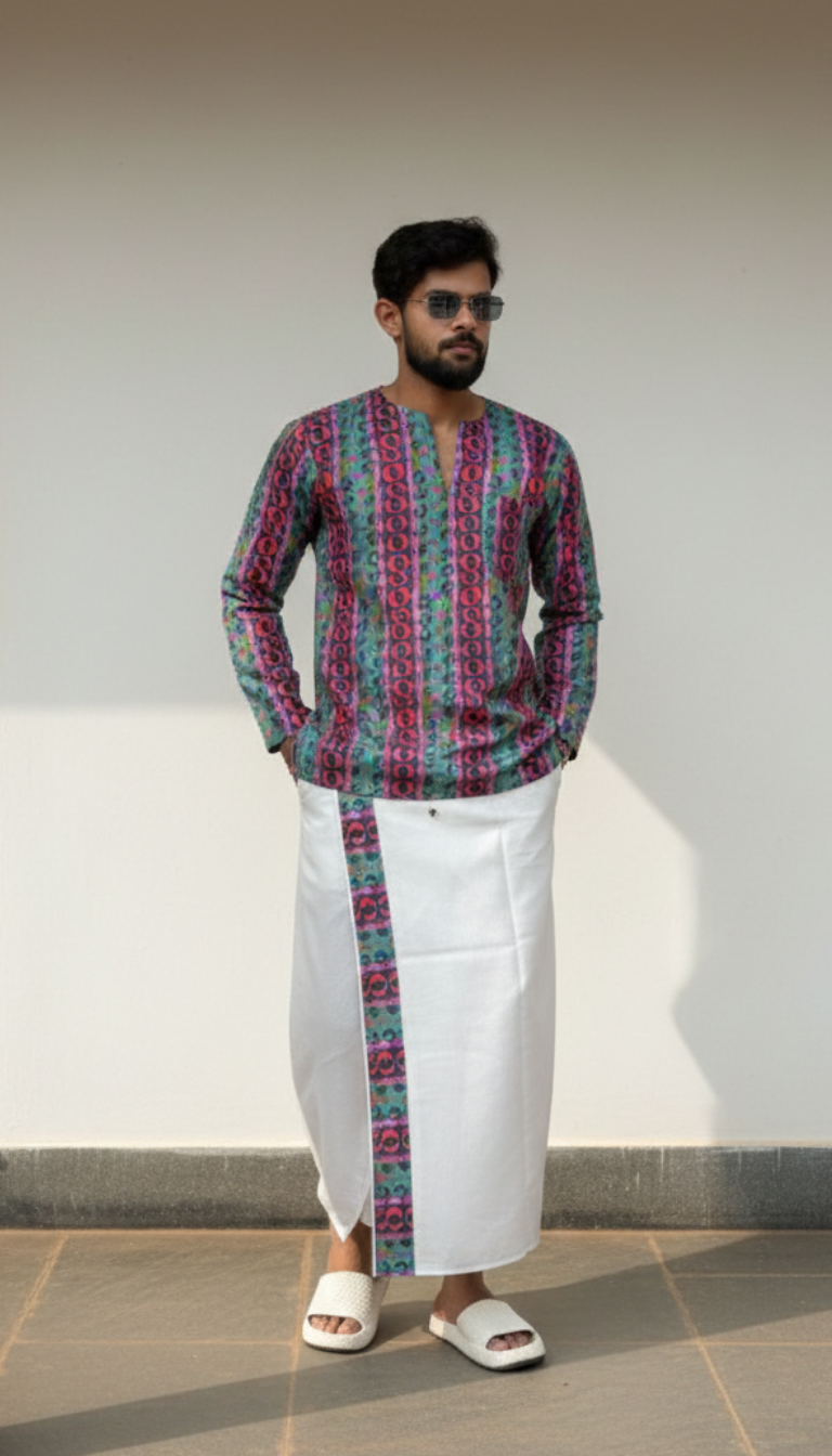 Men's White Cotton Pajamalungi with Vertical Printed Stripe