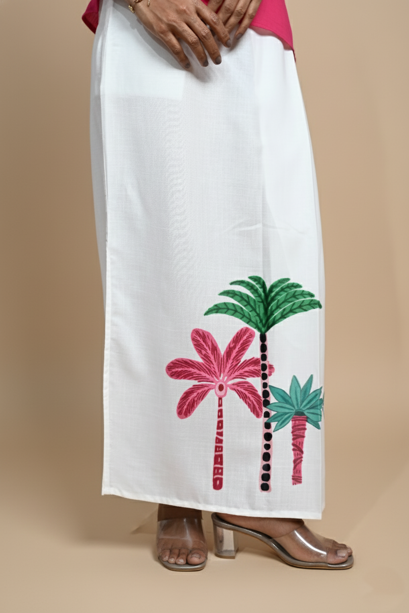 Women Coconut Tree Printed White Pajamalungi