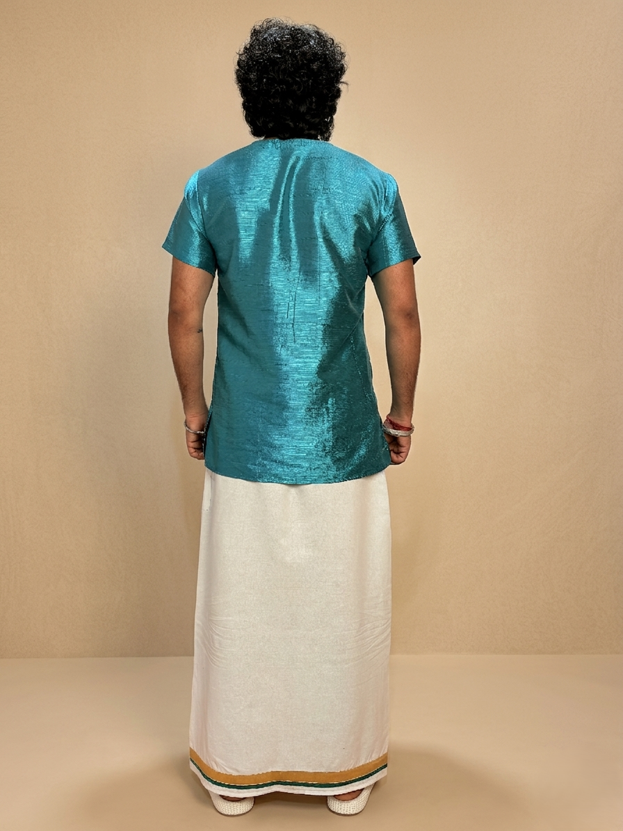 Men White Color With Golden Zari & Ramagreen Stripe Pajamalungi