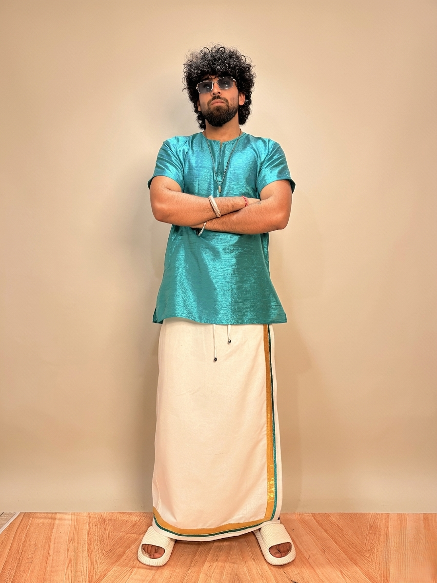 Men White Color With Golden Zari & Ramagreen Stripe Pajamalungi