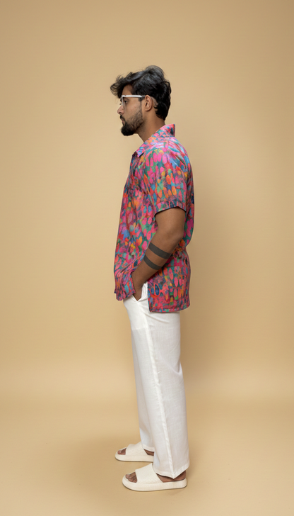 Men Abstract Ikat Dot Print Shirt-Collar Kurta