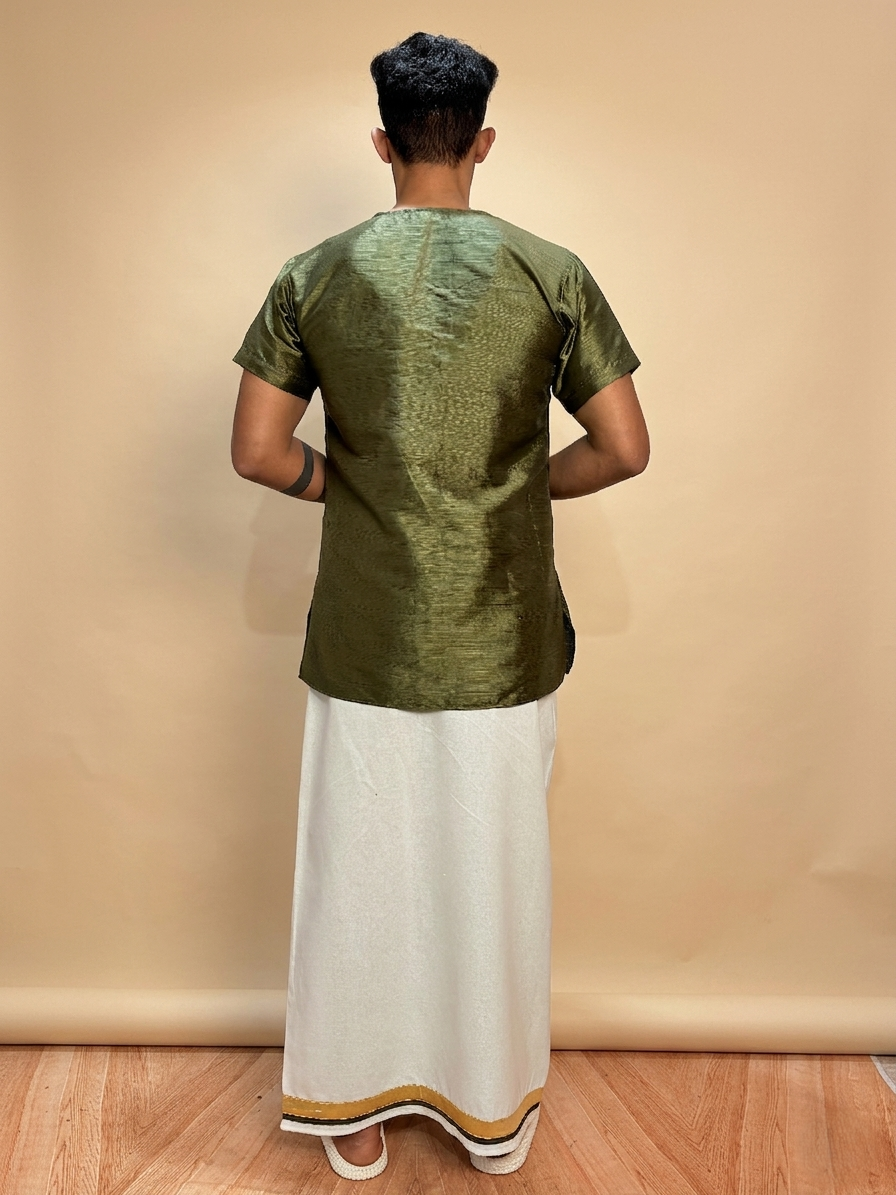 Men White Color With Golden Zari & Green Stripe Pajamalungi
