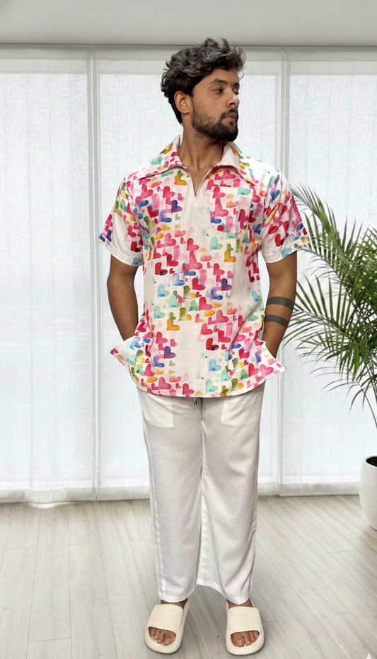 Men Heart Motif Print Straight Kurta