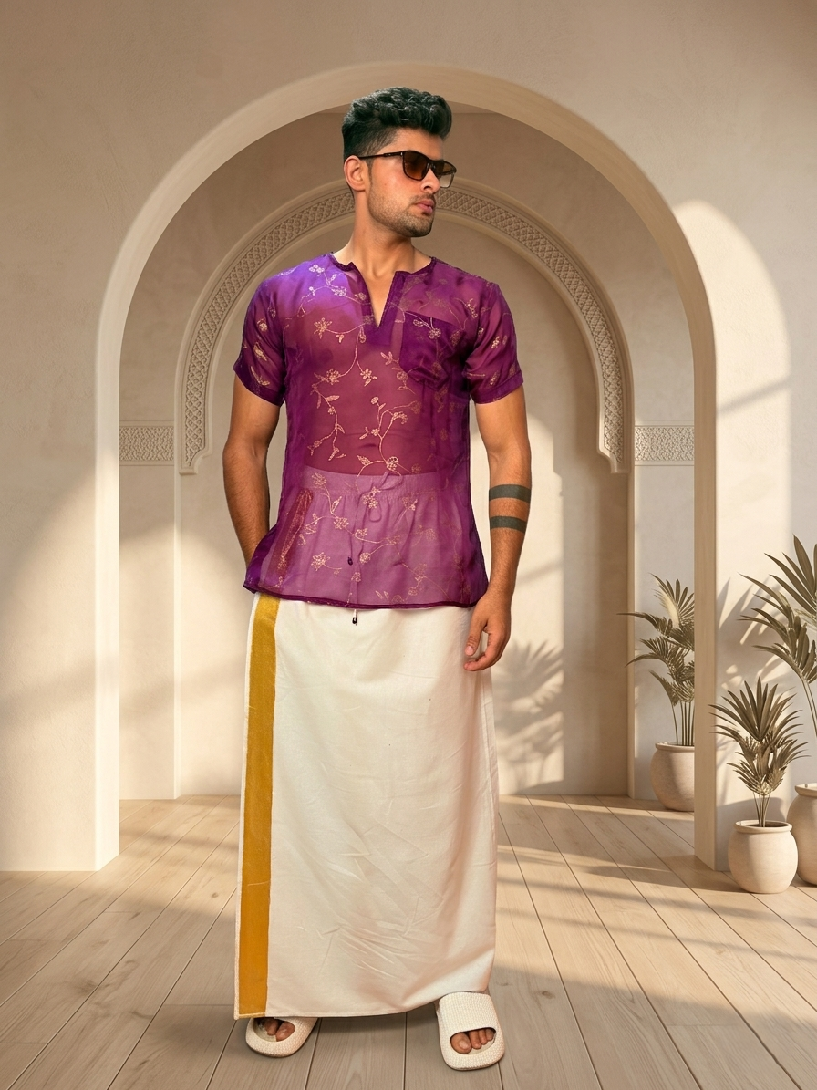 Men Silk Purple Colour Kurta.