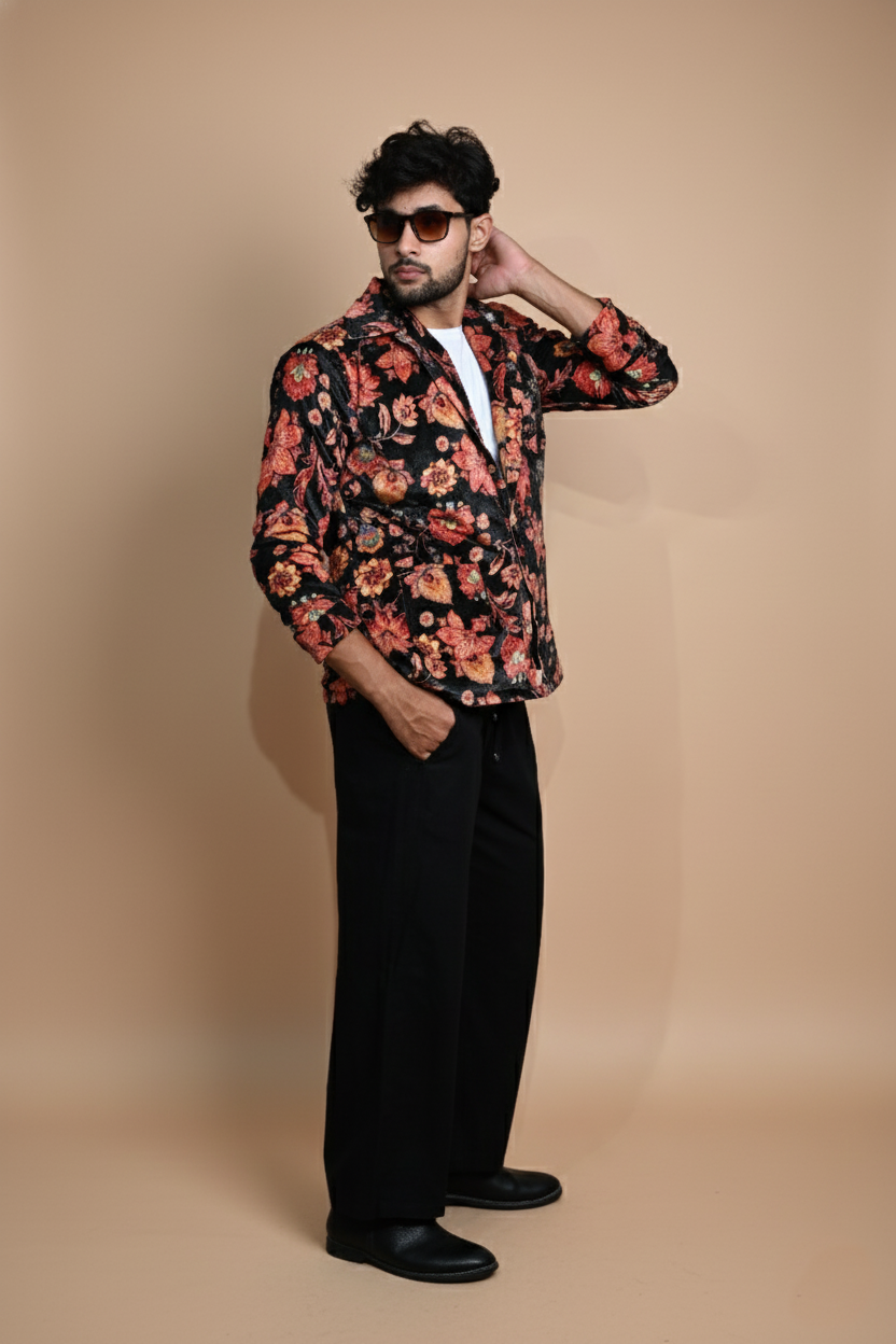 Multicolor Floral Print  Velvet Blazer