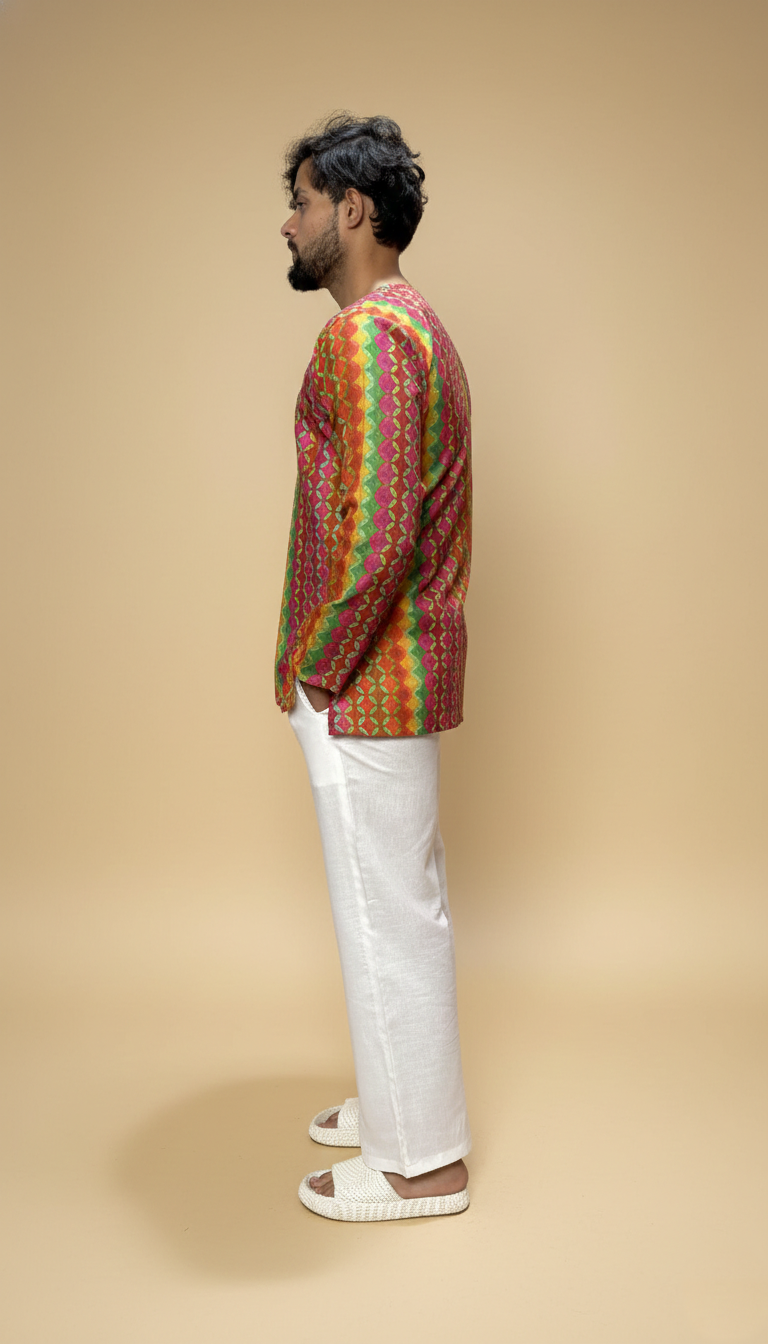 Men Pink–Orange Geometric Print Kurta