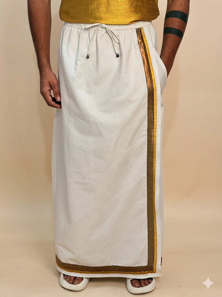 Men White Color With Copper Zari & Mustard Yellow Stripe Pajamalungi
