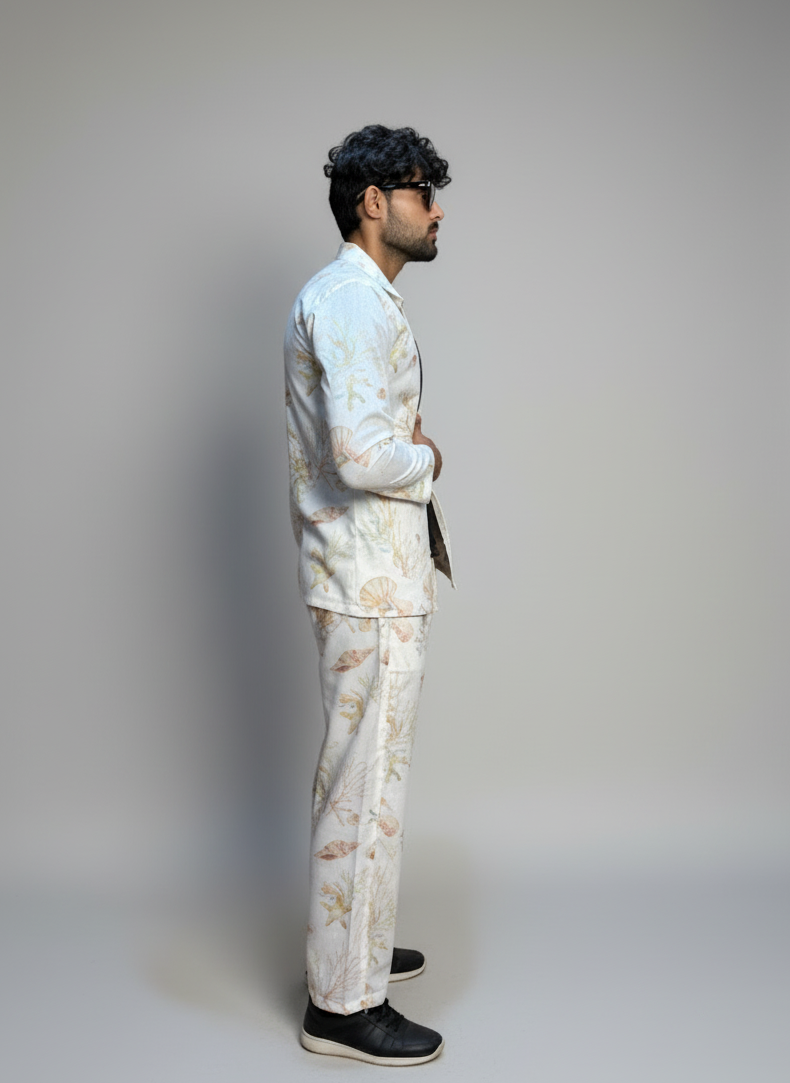 Cream floral Digital printed Blazer for Men