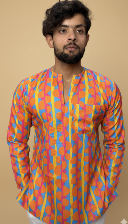Men Retro Geometric Print Band Collar Kurta