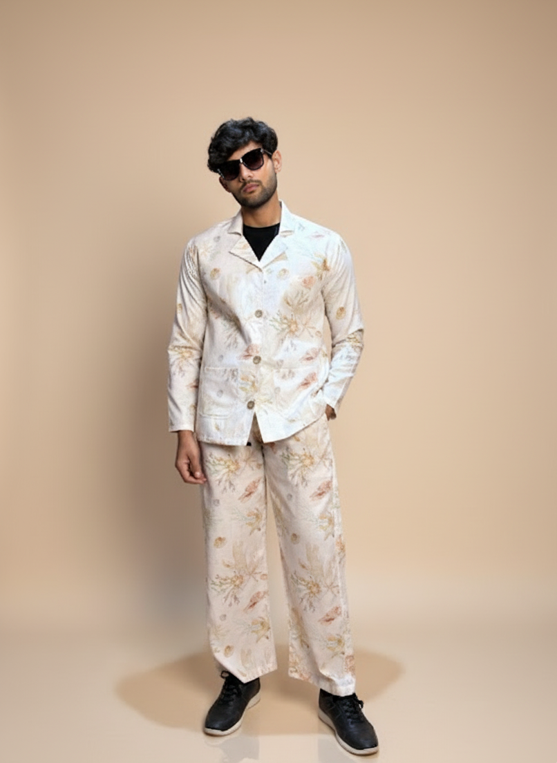 Cream floral Digital printed Blazer for Men