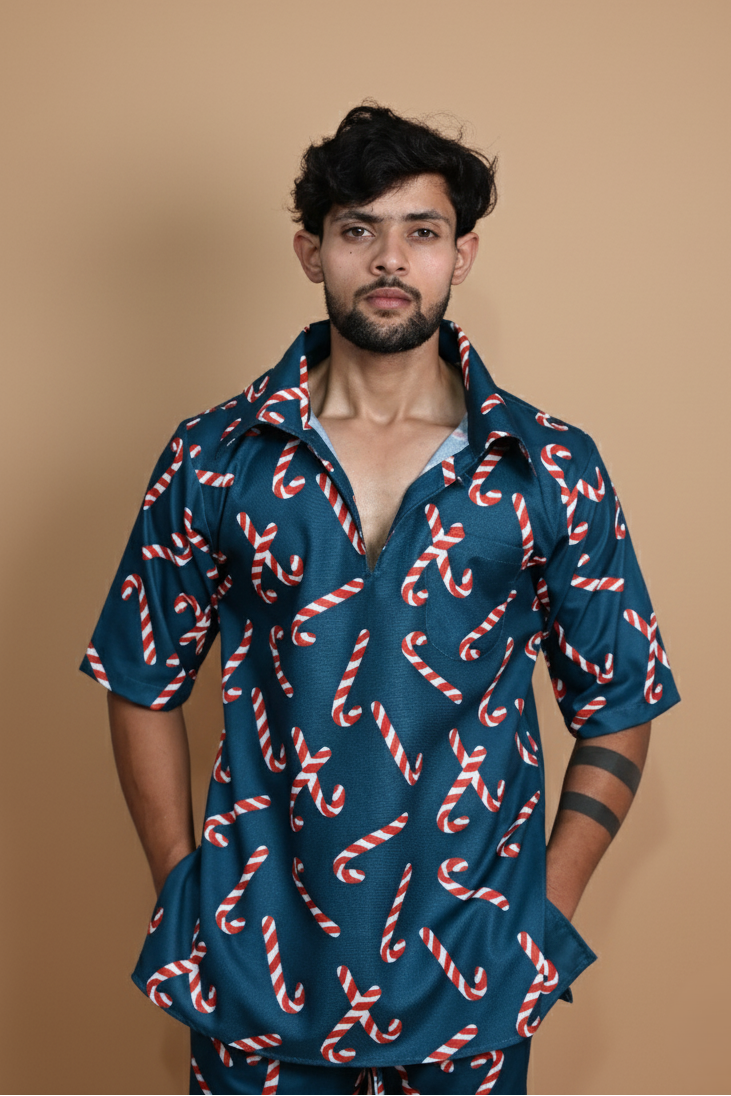 Dark Teal Candy Cane Digita Print Kurta For Men