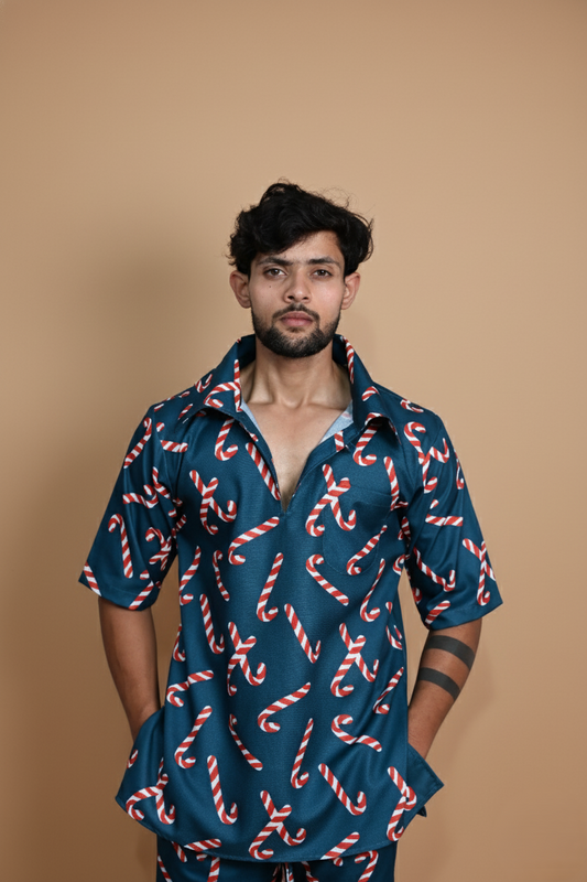 Dark Teal Candy CaneDigita Print Kurta For Men's