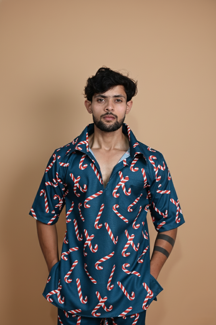 Dark Teal Candy Cane Digital Print Pajama For Men's
