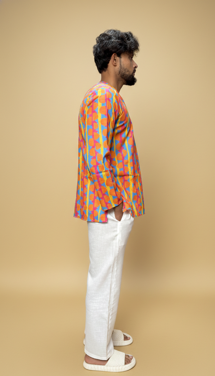 Men Retro Geometric Print Band Collar Kurta