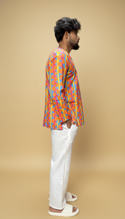 Men Retro Geometric Print Band Collar Kurta