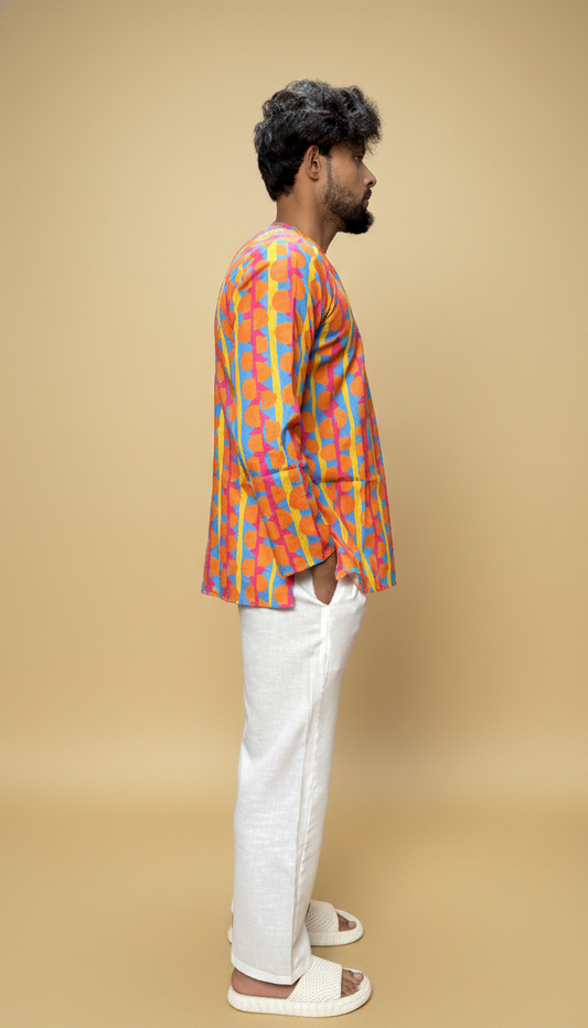 Men Retro Geometric Print Band Collar Kurta