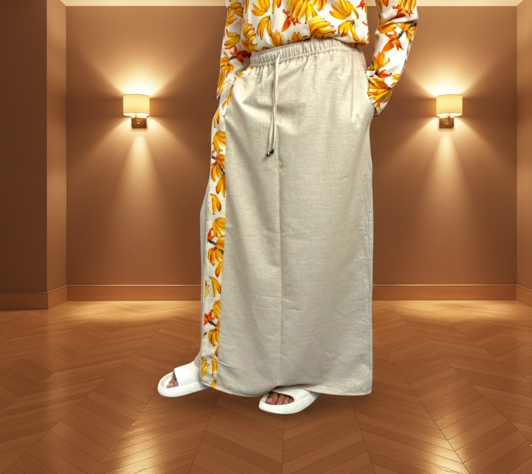 Men's Beige Color  With Banana Print Stripe Pajamalungi