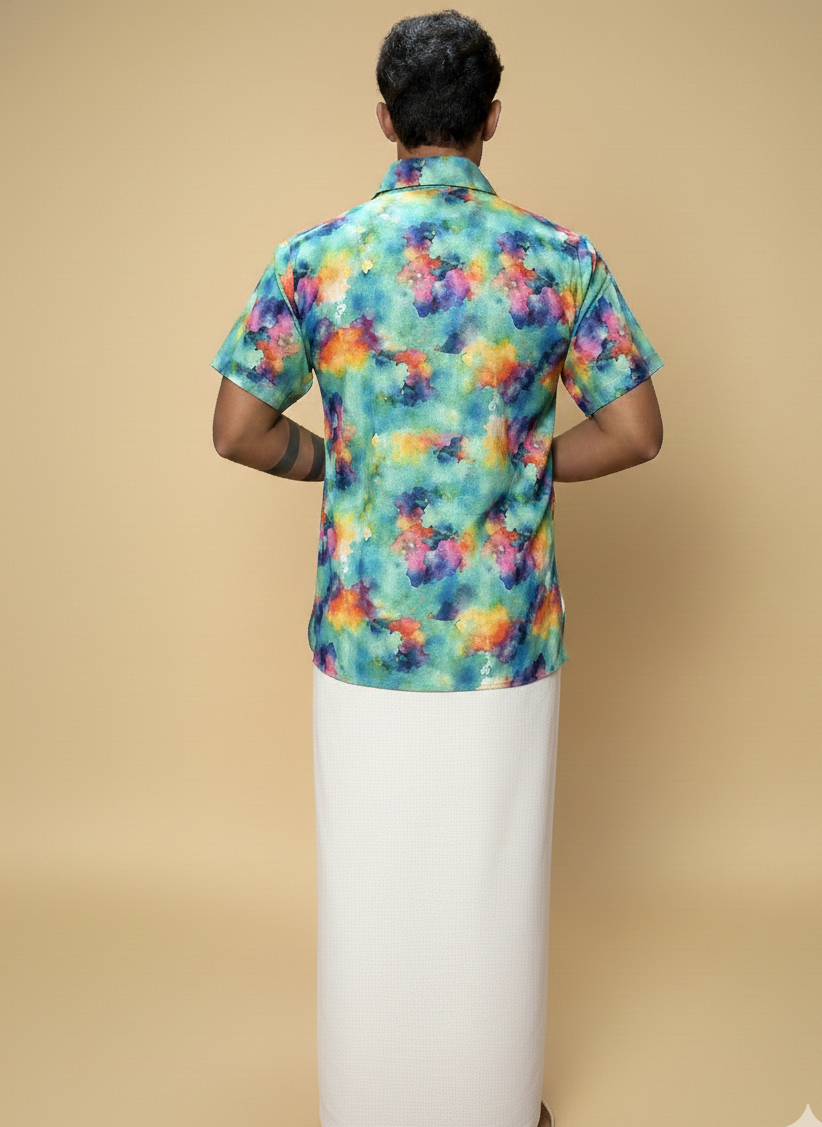 Men White Pajamalungi With Multicolor Stripe