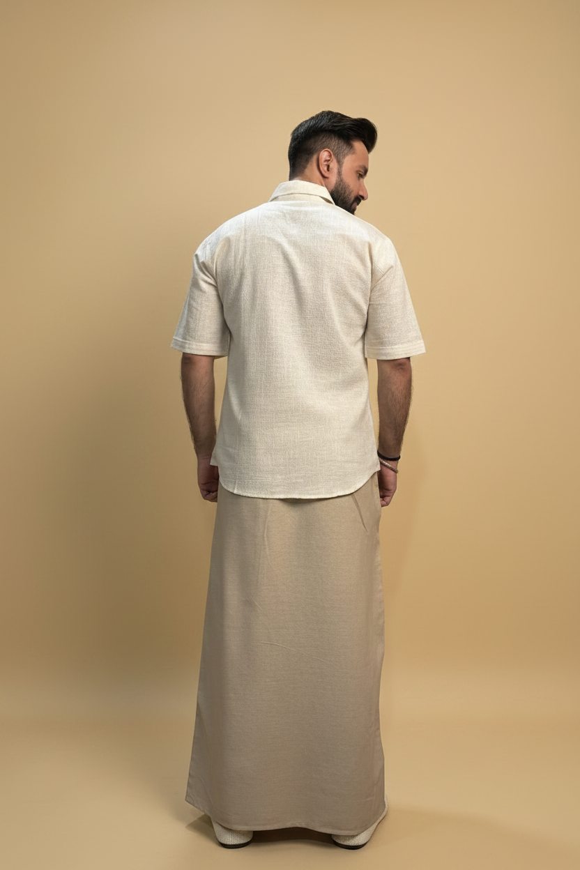 Men Beige Color  Pajamalungi With Brown Embroidery Panel