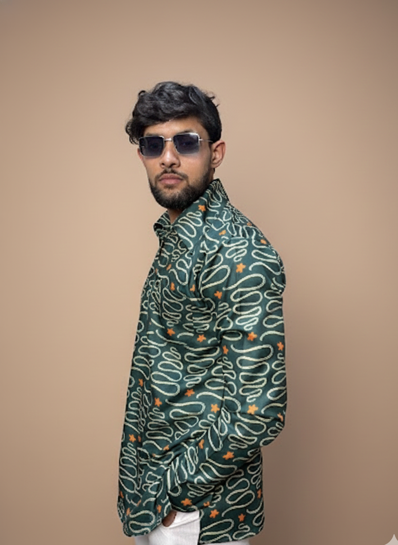 Men Green Designer Printed Kurta