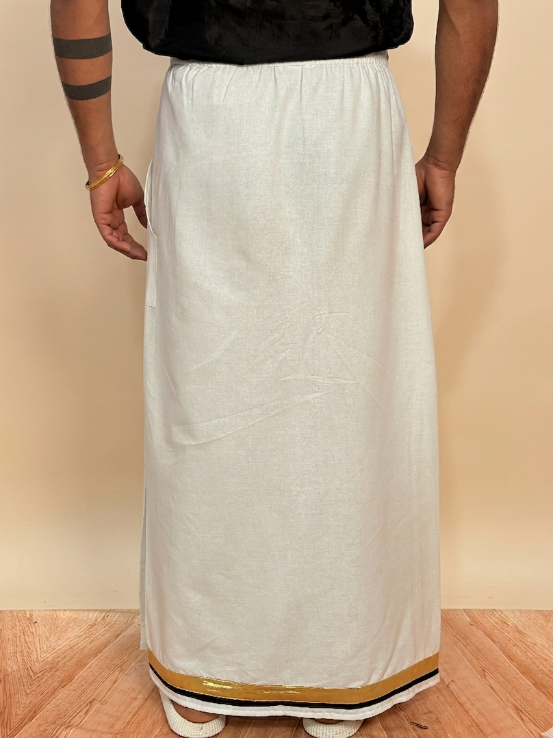 Men White Color With Golden Zari & Black Stripe Pajamalungi