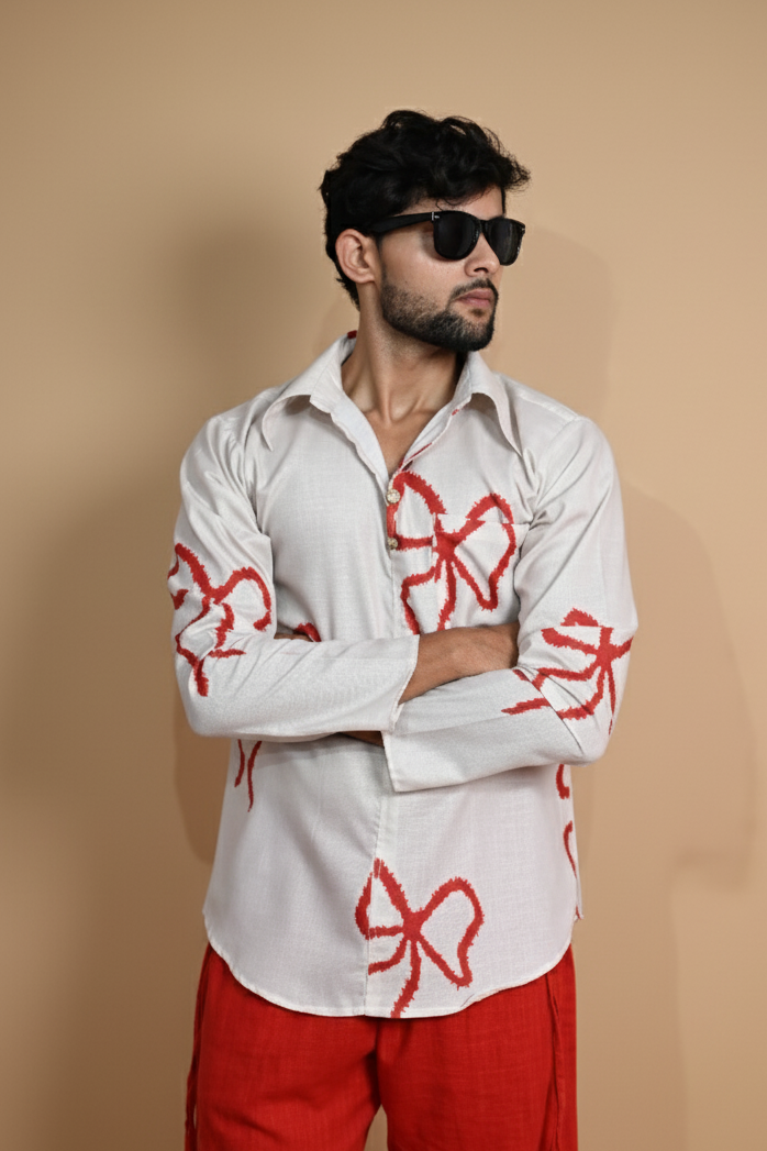 White Hertiage Boho Digital Print Kurta For Men
