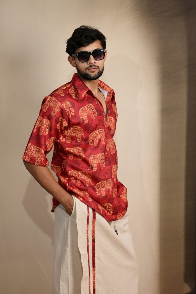 Elephant Digital Print Kurta Shirt For-Men