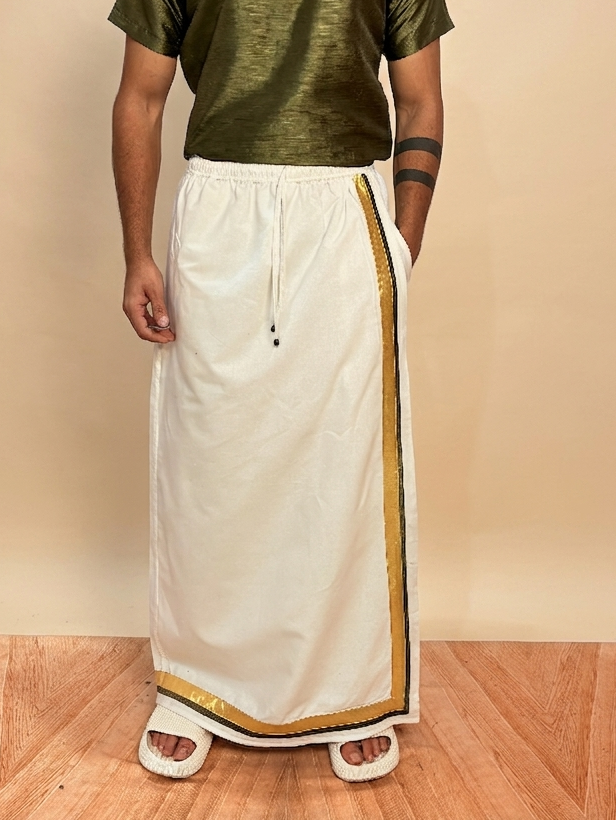 Men White Color With Golden Zari & Green Stripe Pajamalungi